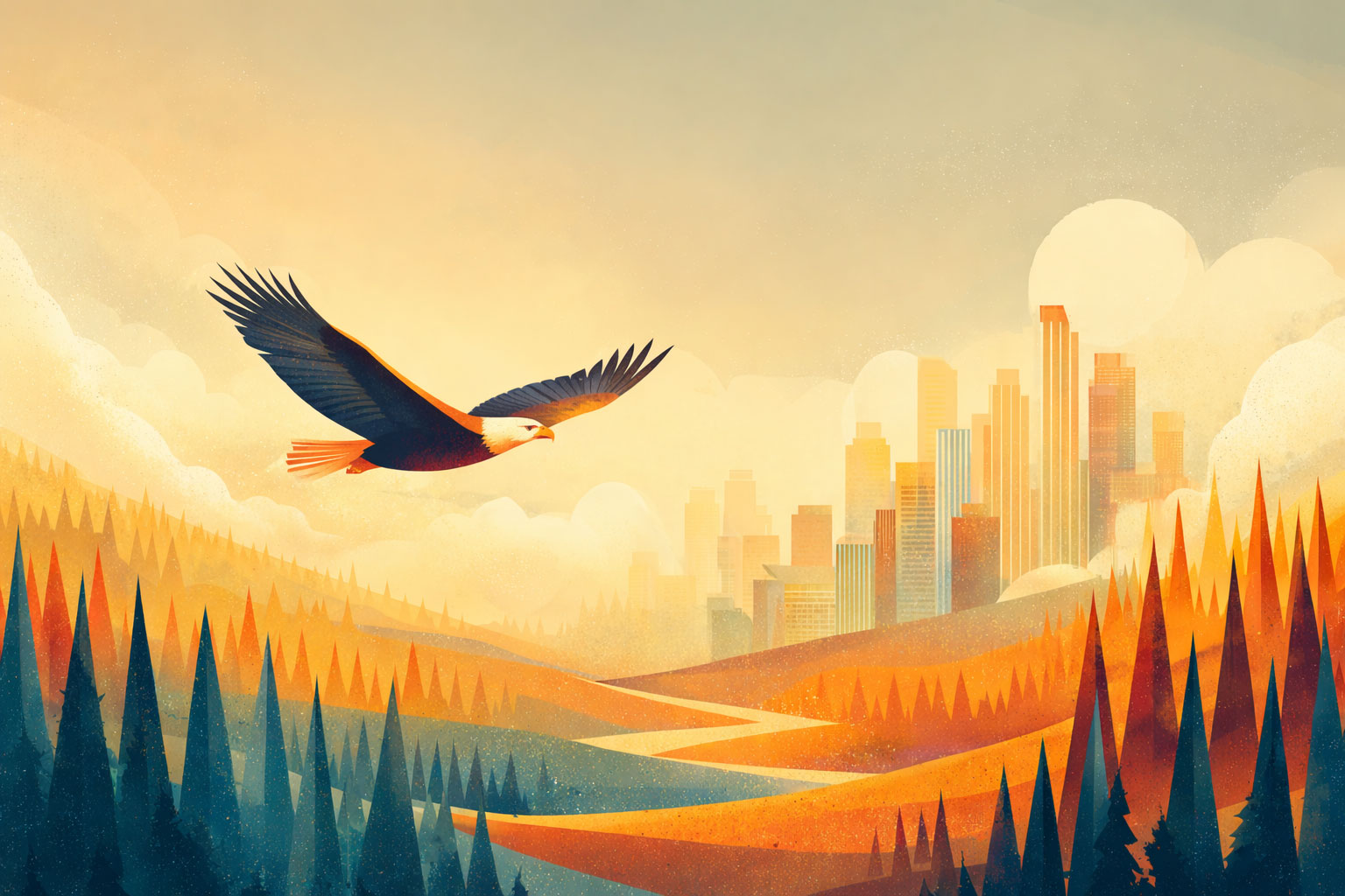 Illustration of an eagle soaring over a valley with a city in the background