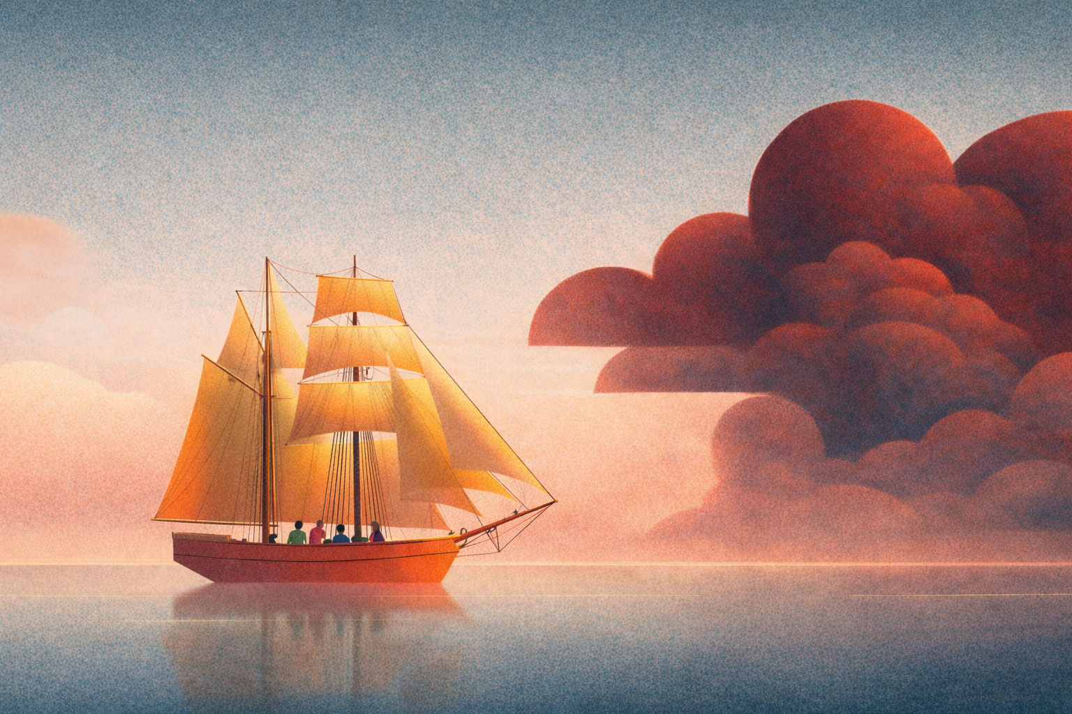 Illustration of a ship sailing toward dark cloud on the horizon