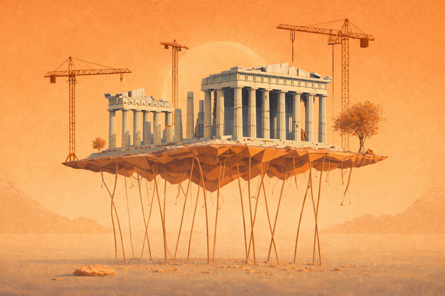 Illustration of a temple being built on a foundation of sticks