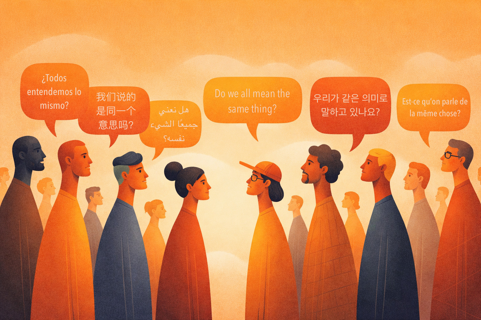 Illustration of two groups of people facing, asking if they're saying the same thing.