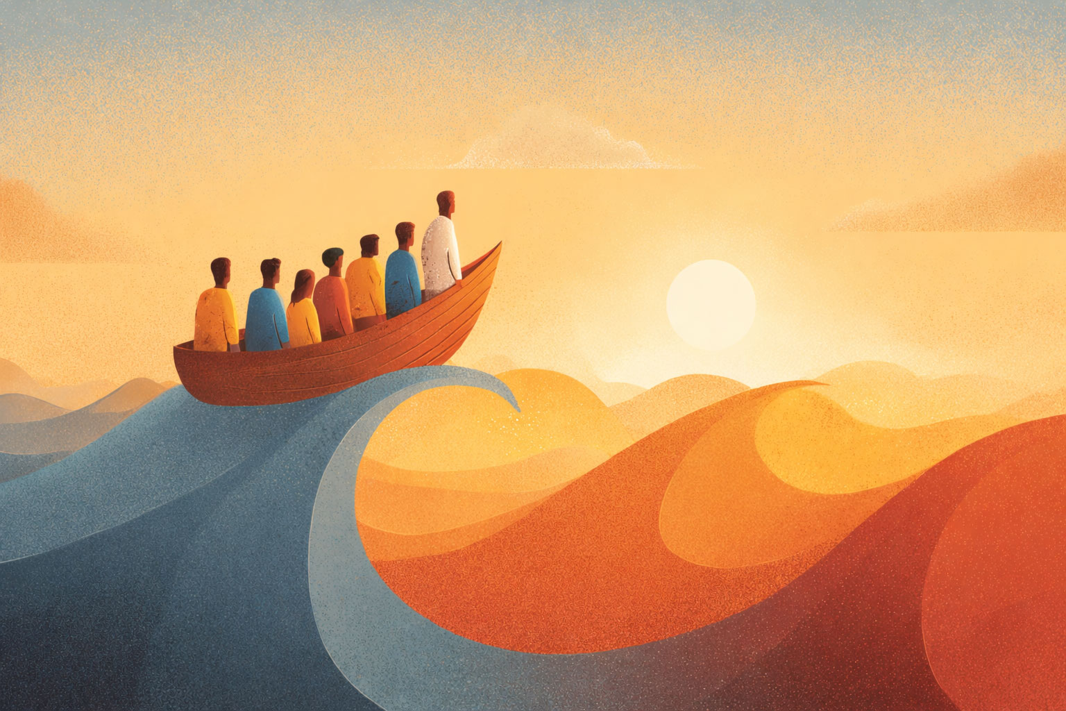 Illustration of people in a row boat with no oars adrift at sea