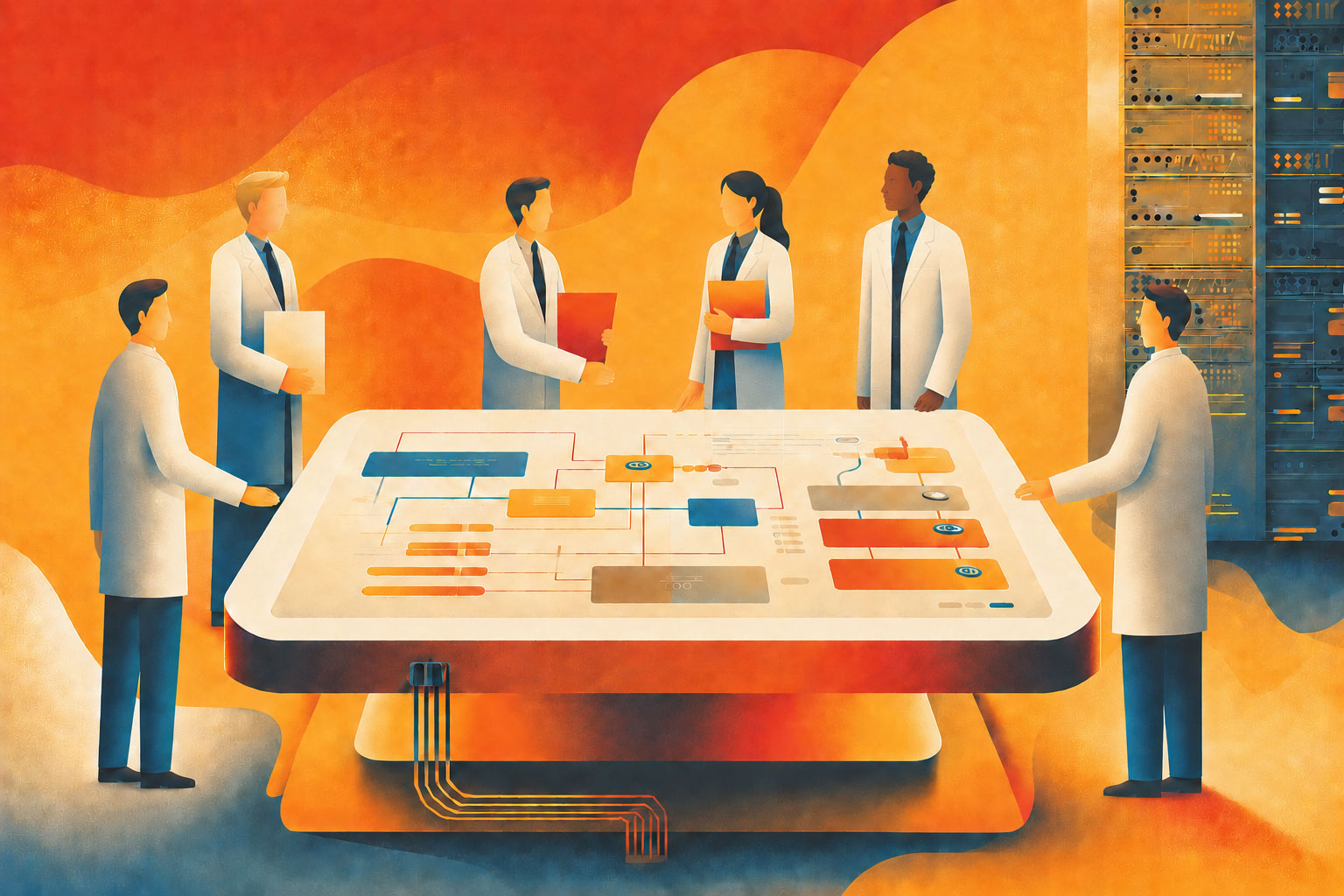 Group of people working around a digital table display of a system architecture model