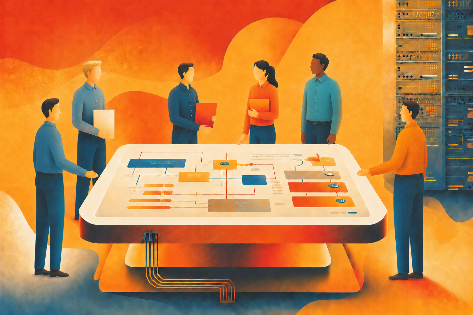 Group of engineers surrounding a digital display table with system architecture