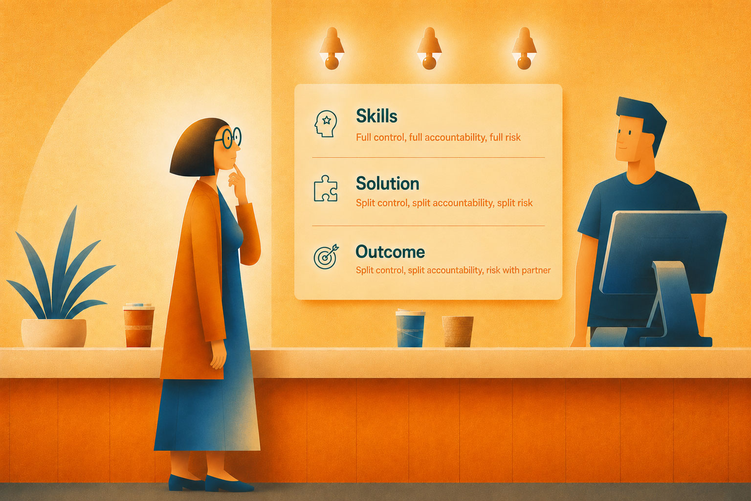 Illustration of a woman looking at a menu with different consulting options