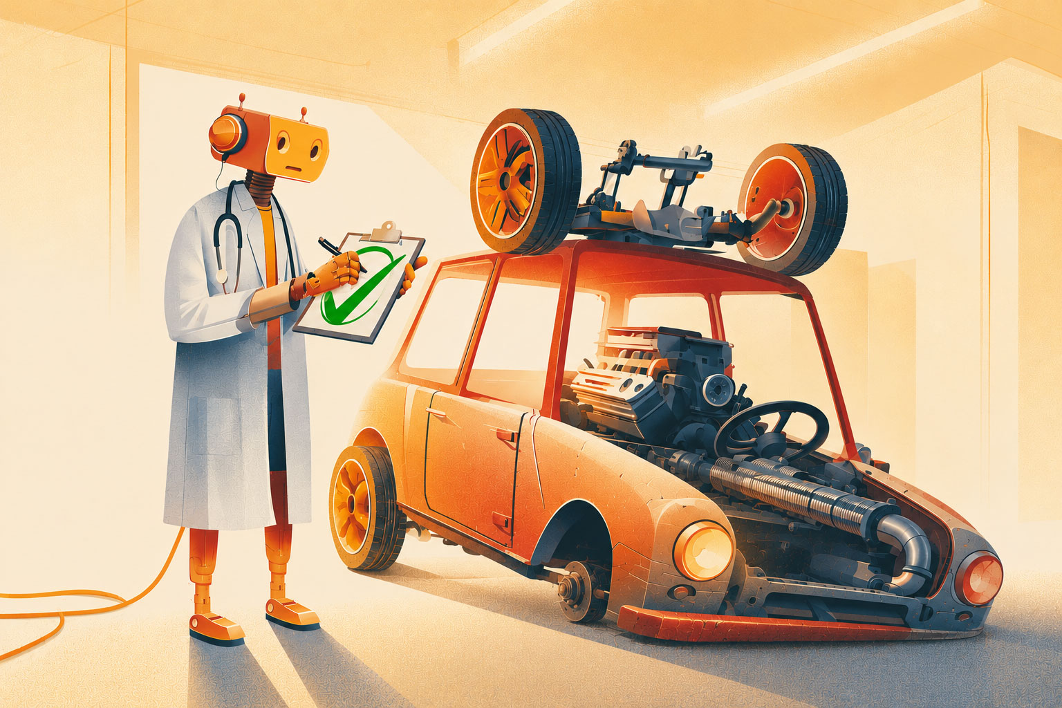 illustration of a robot giving passing marks to a vehicle with the right parts in the wrong places