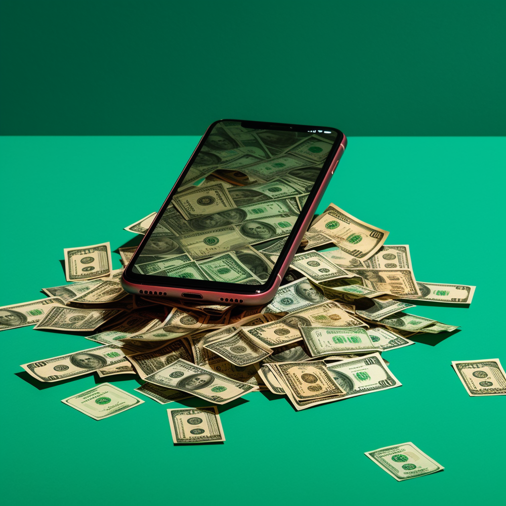 En mobil der ligger på en bunke af penge