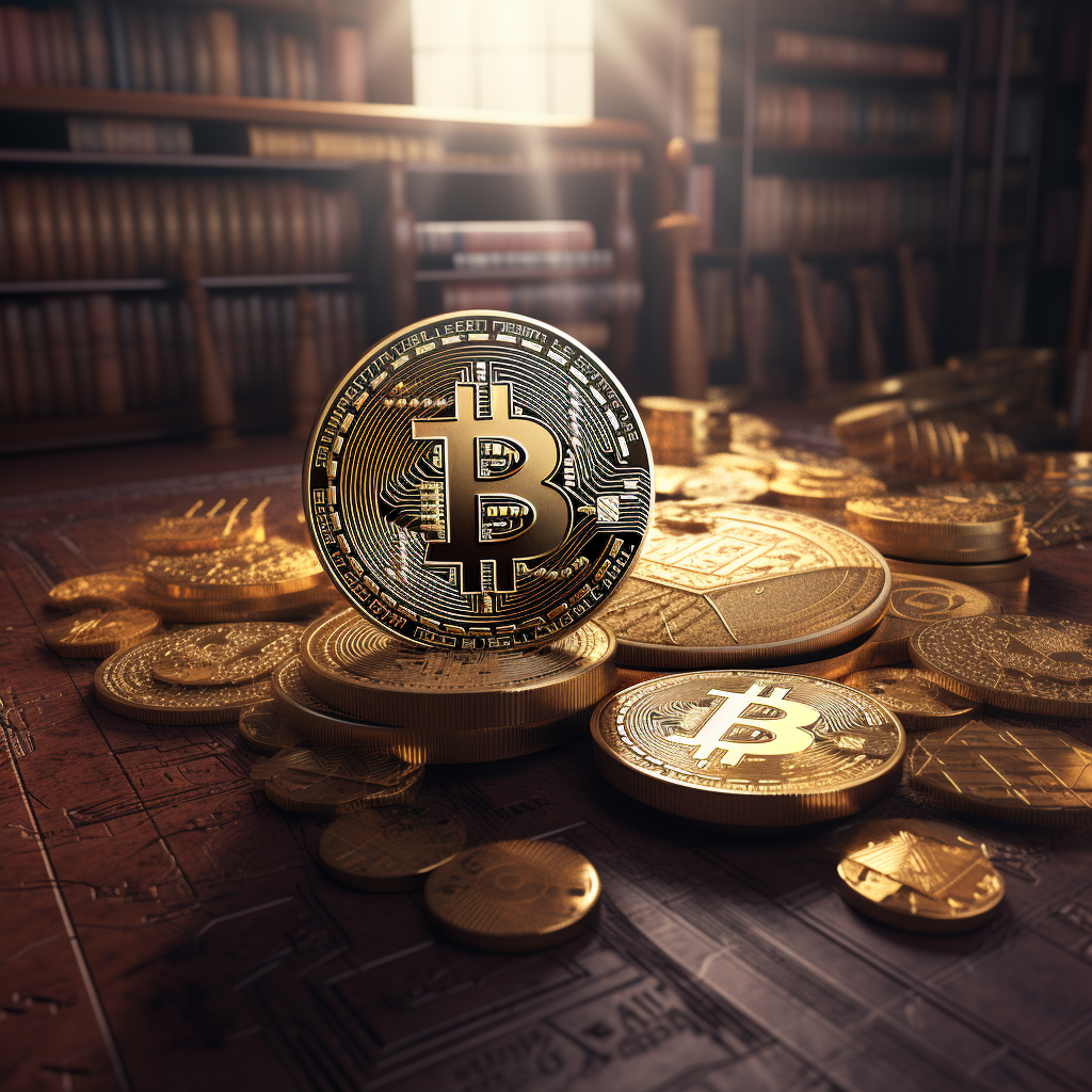 Et billede af mønter med Bitcoin logoet på