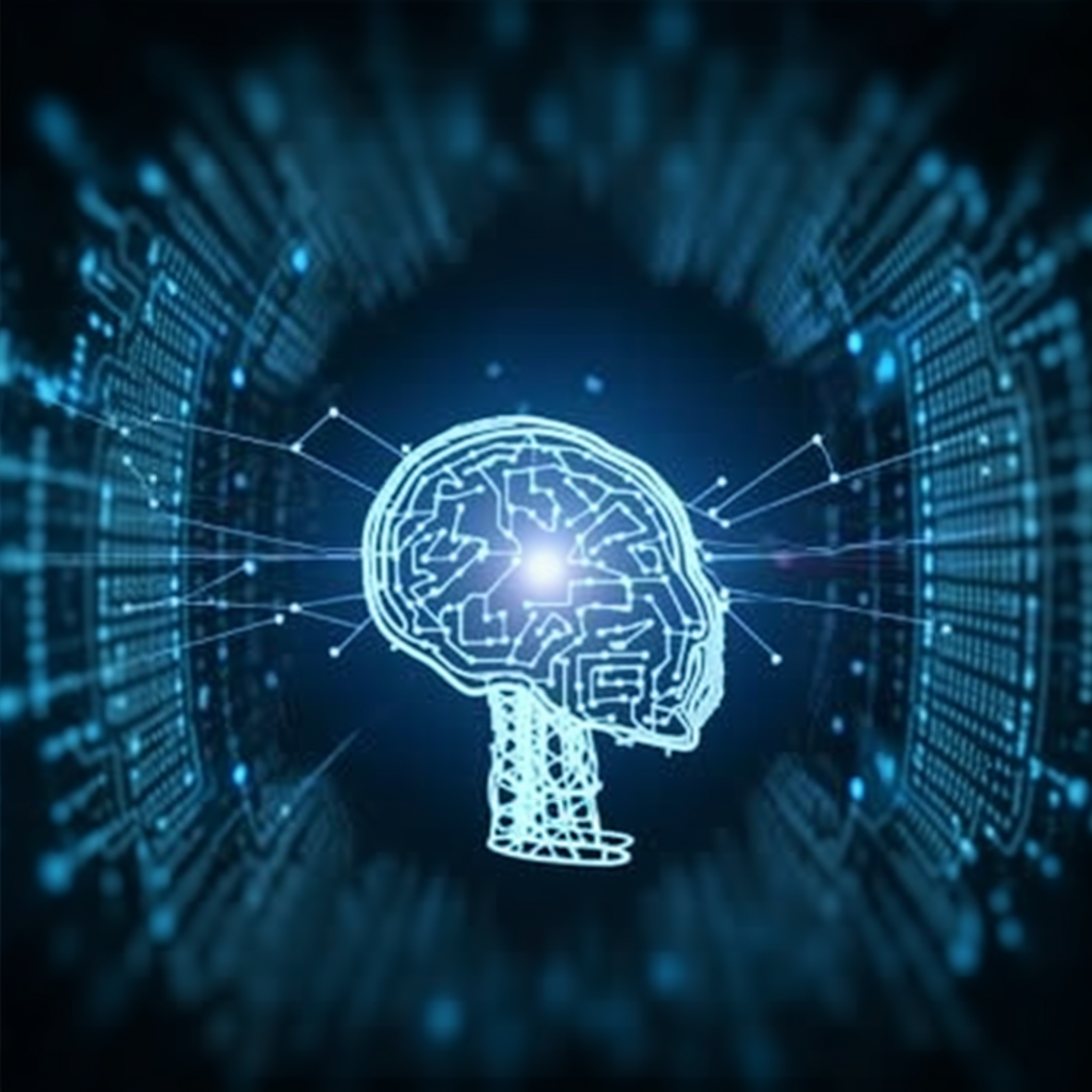 Formen af et menneskehoved med forbindelser deri. Det ligner en computer