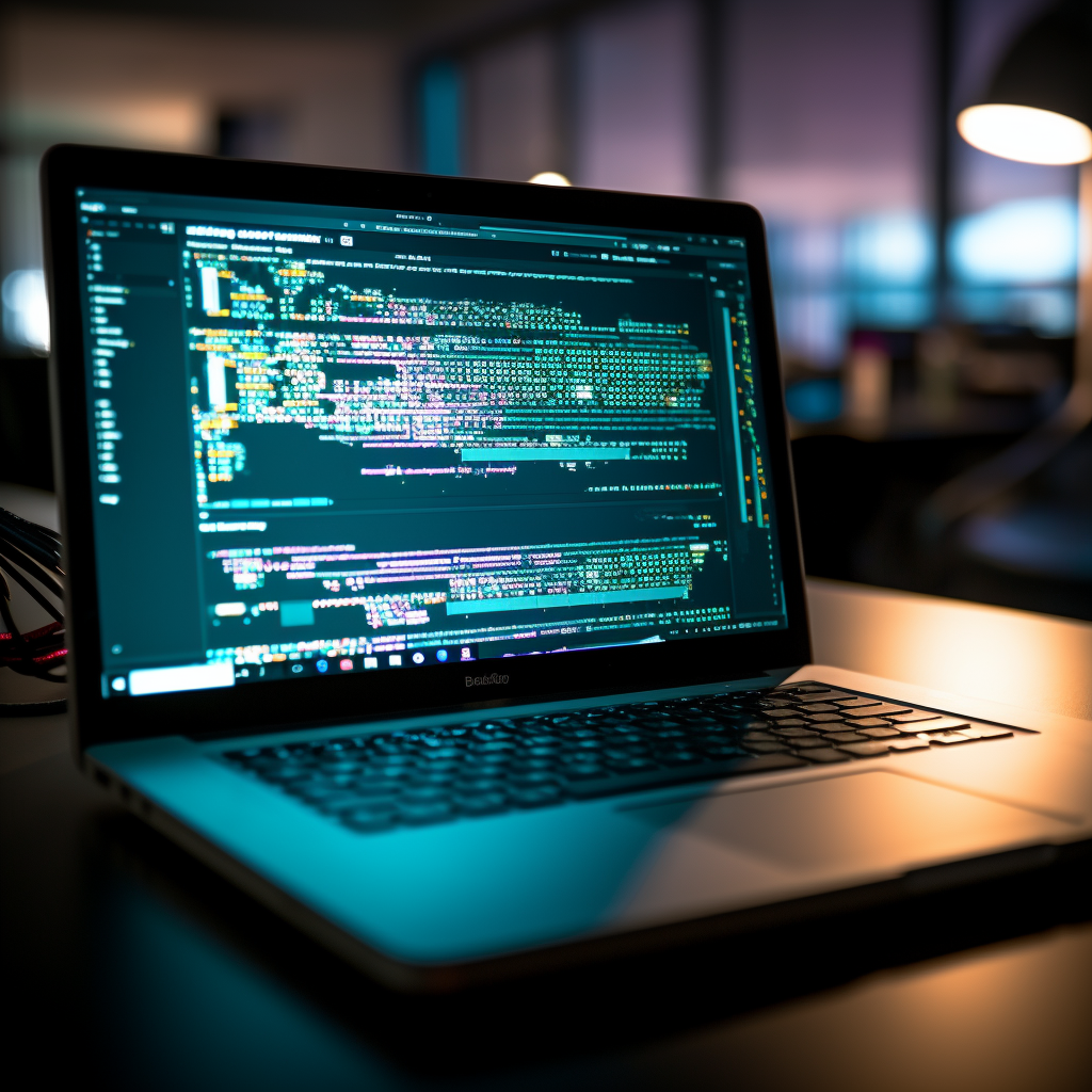 En computer med kode på