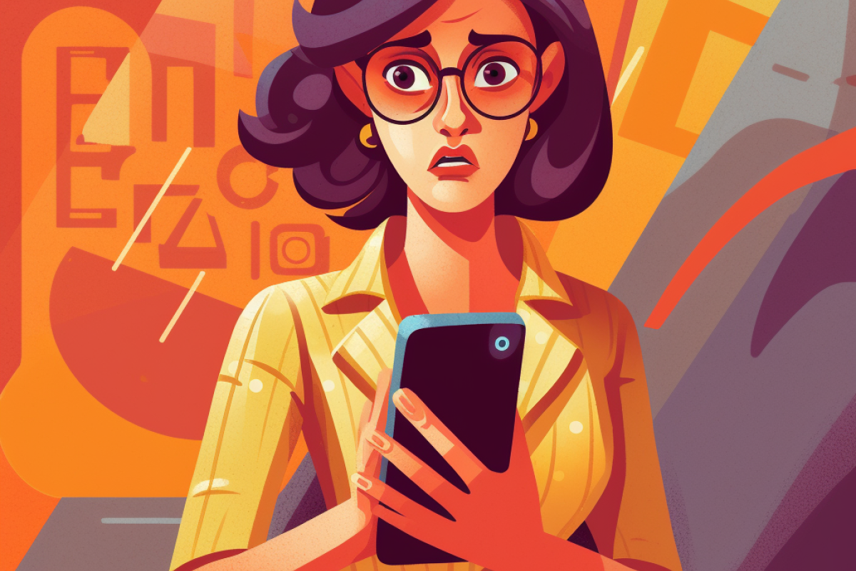 A woman looking worried at her phone