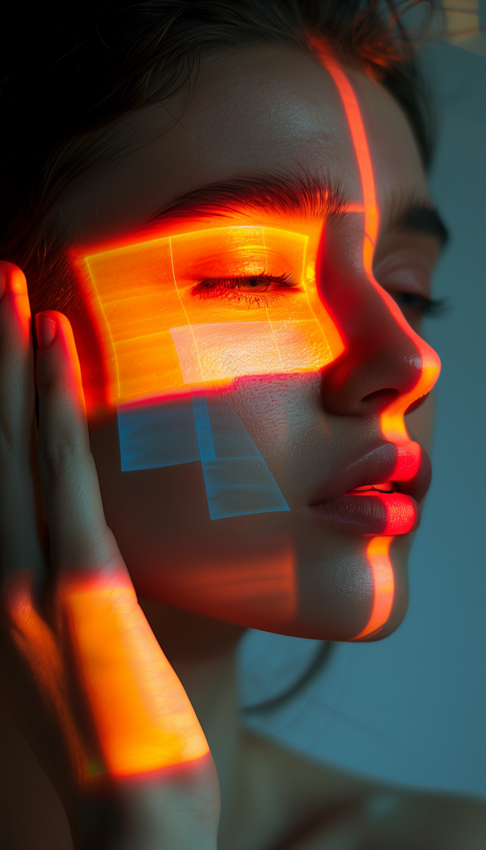 Close-up of a young woman with eyes closed, illuminated by orange and red geometric light patterns on her face and hand.