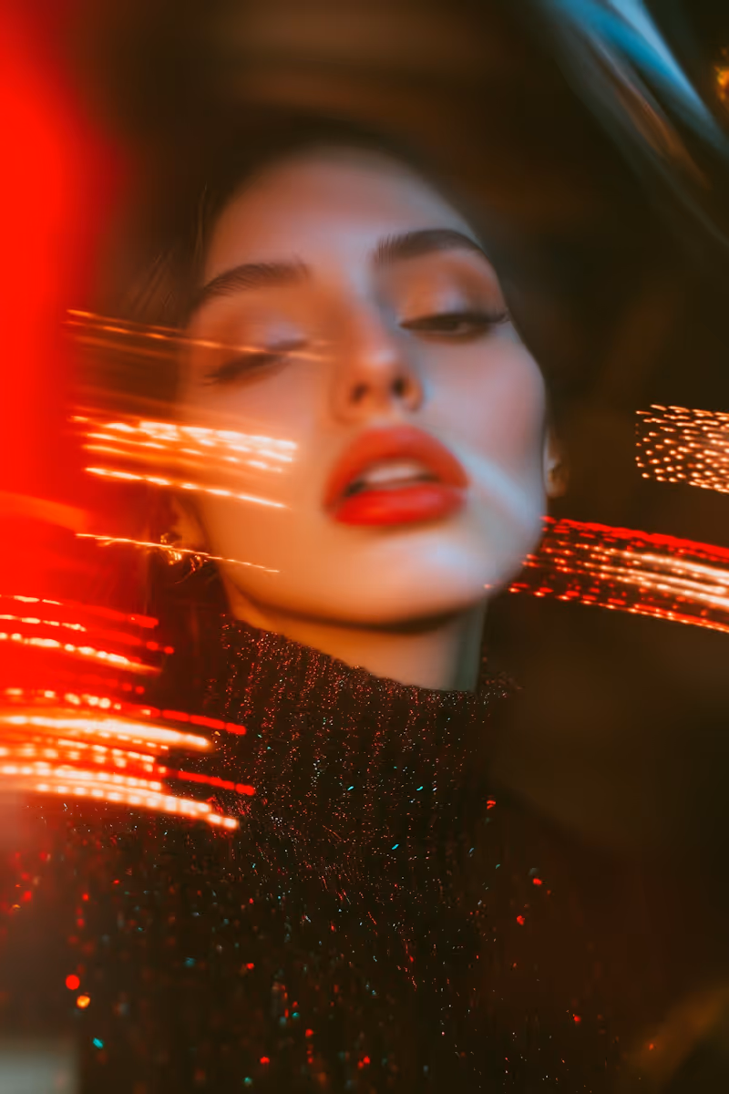 Close-up portrait of a woman with glossy red lipstick and a sparkly black turtleneck, surrounded by blurred red and orange lights.