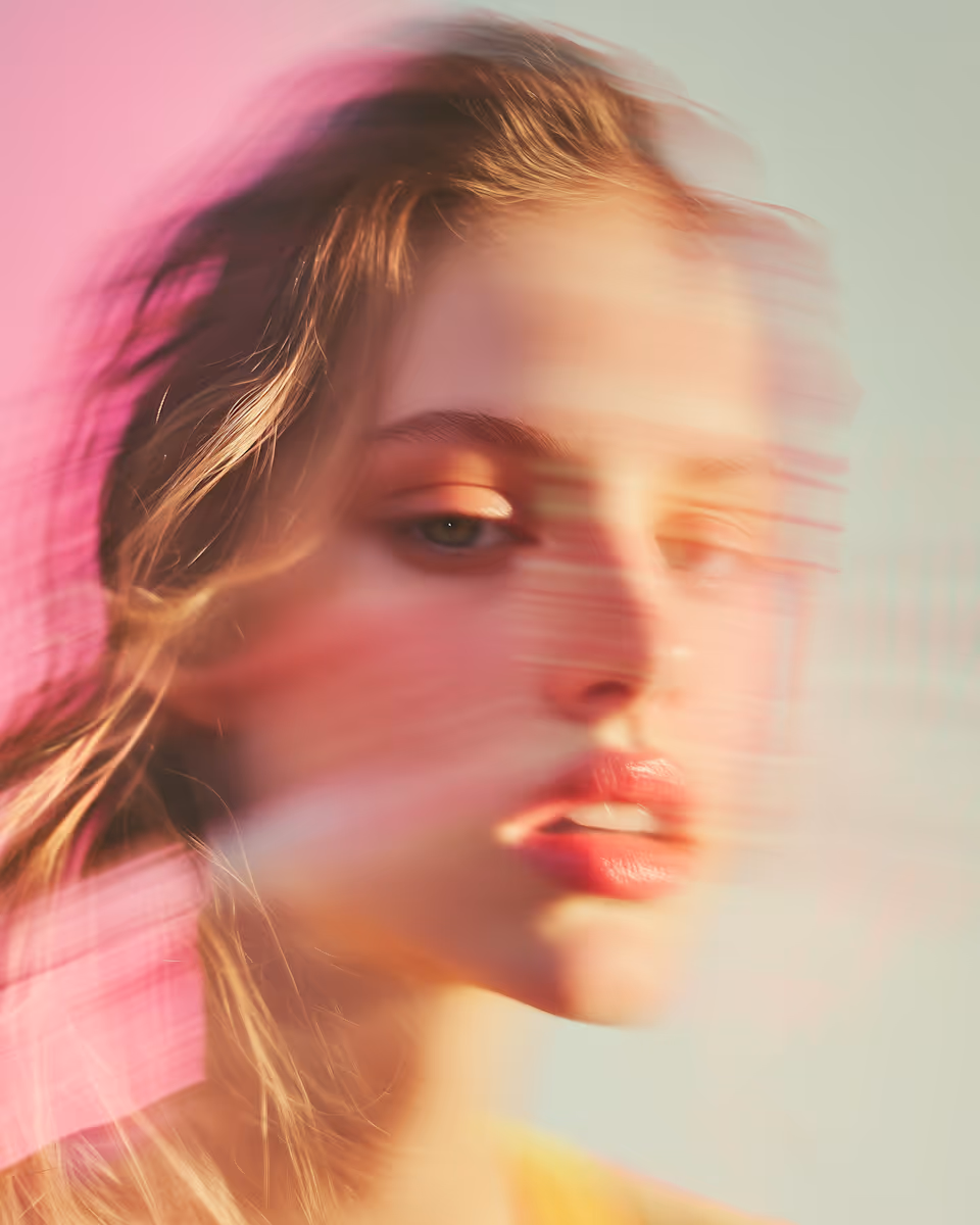 Portrait of a woman with blurred motion effect, highlighting soft facial features and pink tones.