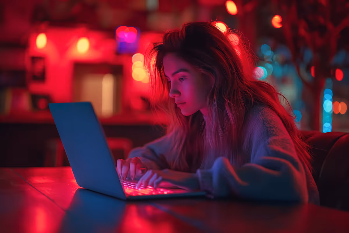 Young woman with long hair typing on a laptop in a dimly lit room with red and blue ambient lighting.