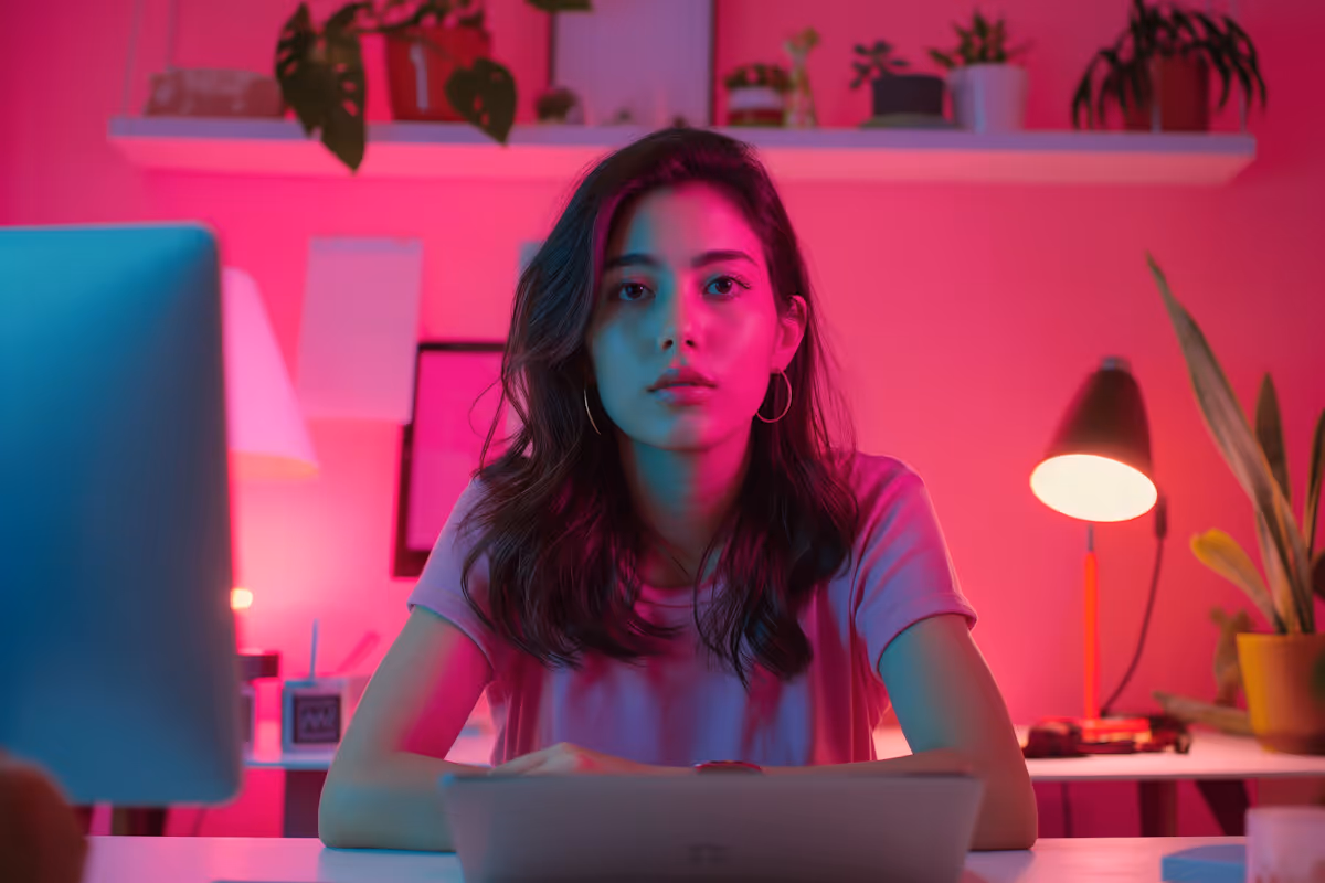 Young woman with long hair and hoop earrings sitting at a desk with a tablet, illuminated by pink and blue lighting in a room with plants and a desk lamp.