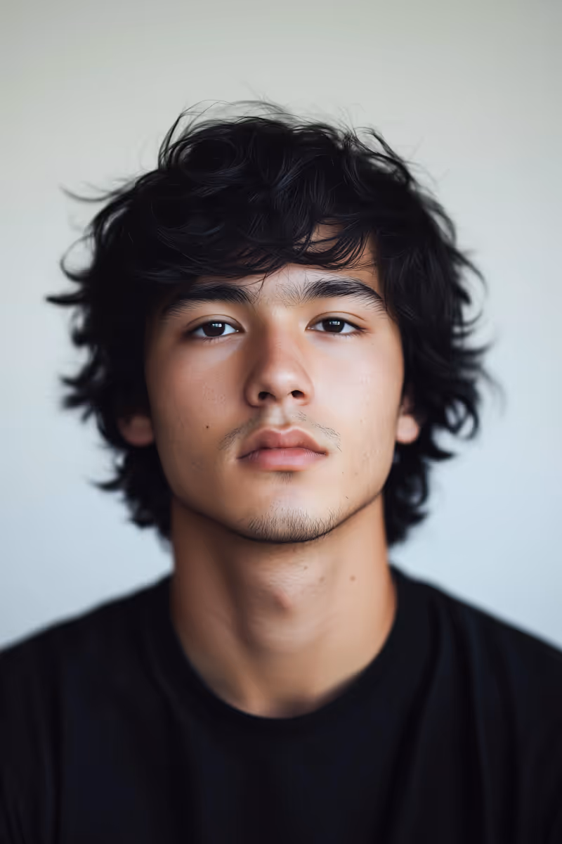 Close-up portrait of a young man with tousled black hair wearing a black shirt against a light background.