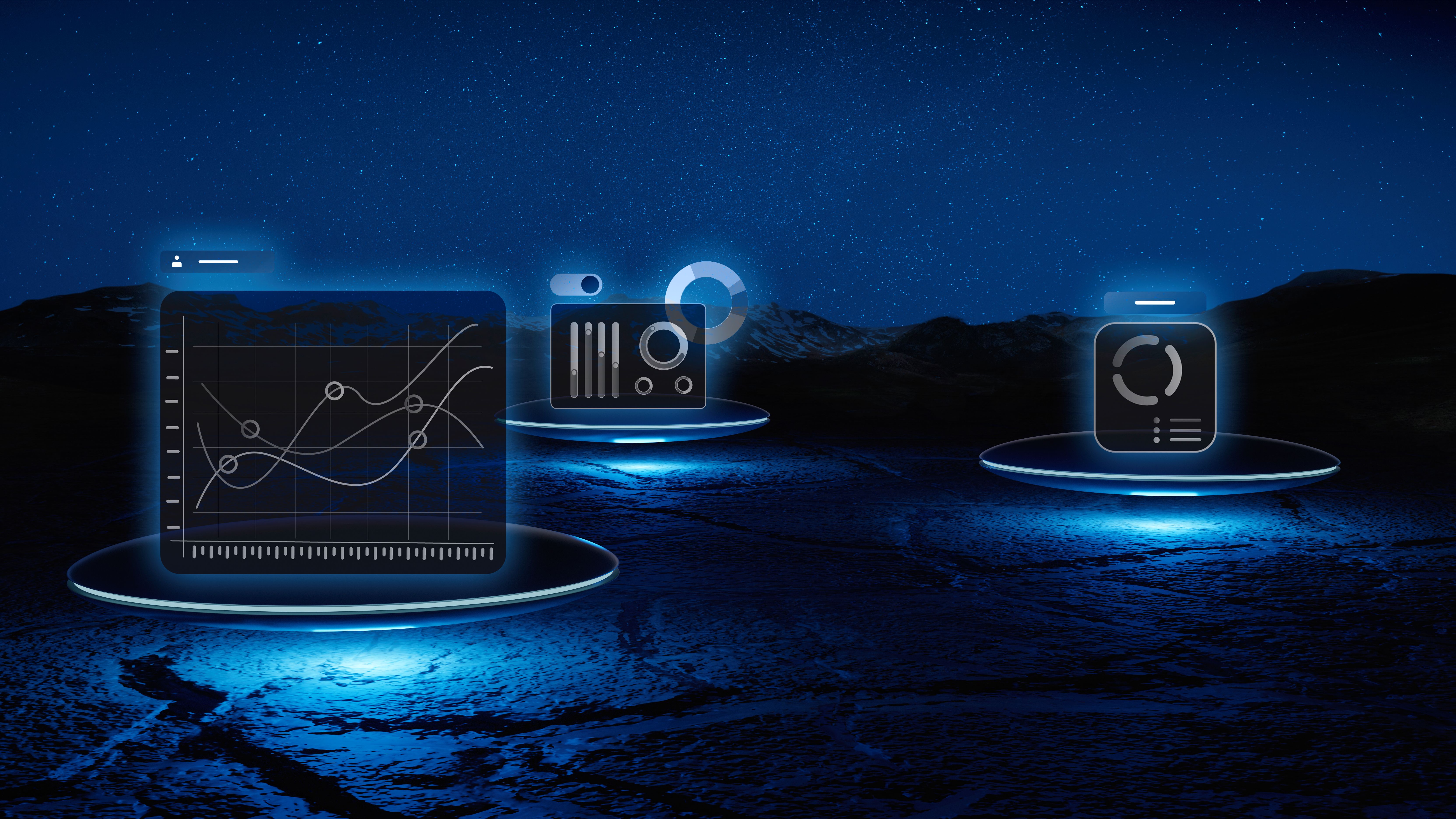 Digital data visualizations including line chart, bar graph, and pie chart glowing on blue circular platforms over dark cracked ground under a starry night sky.