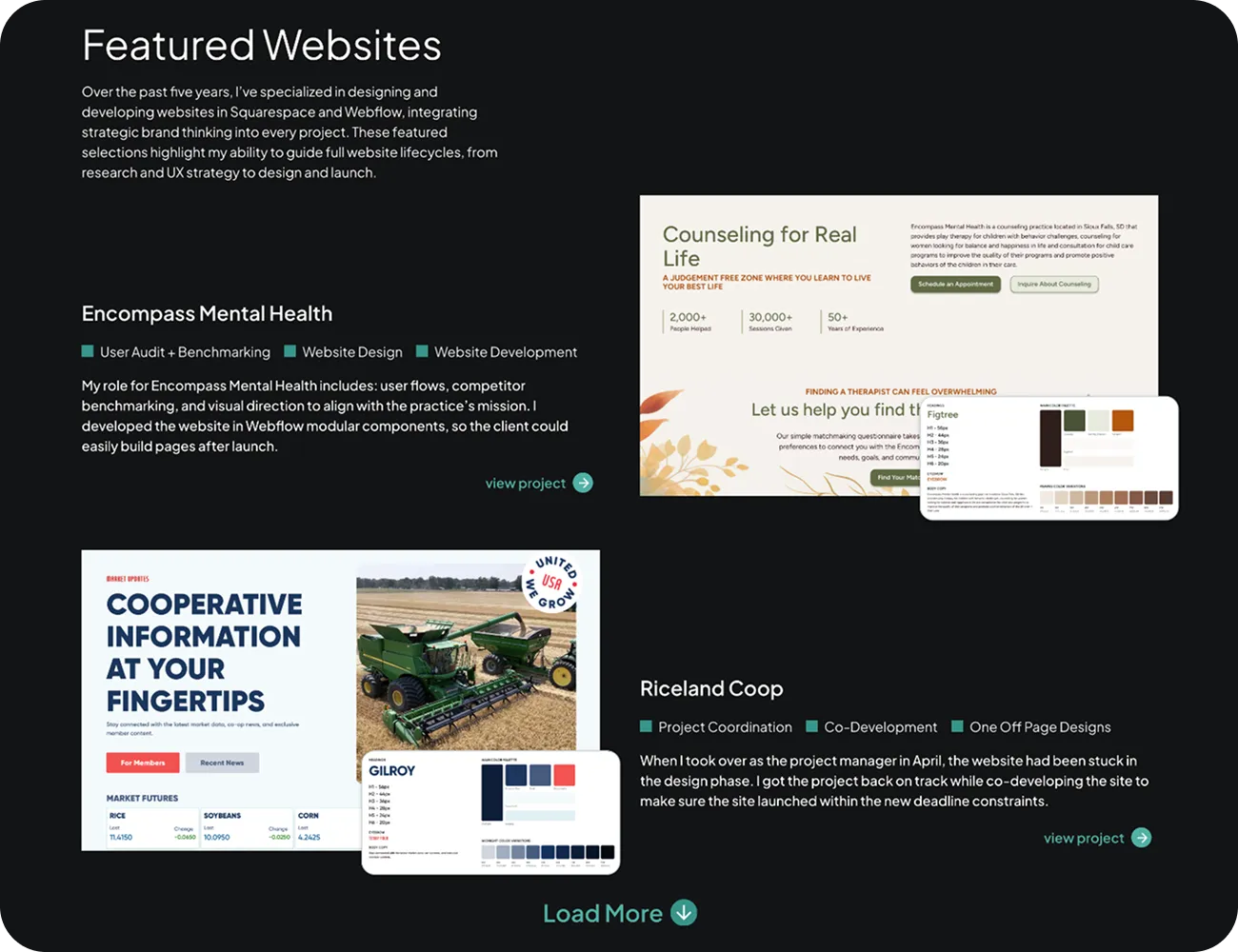 Featured website snapshots with descriptions.
