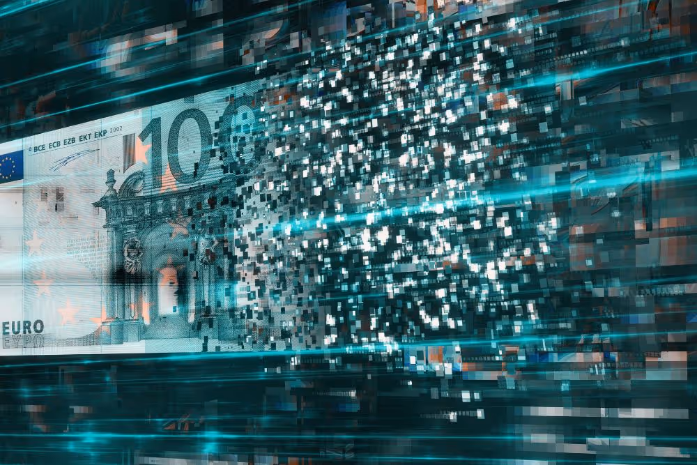 Digital transformation of a 10 euro banknote dissolving into glowing pixelated data blocks.