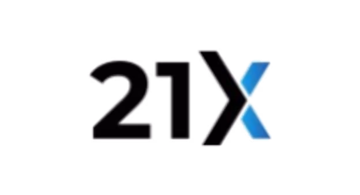 Logo with the text '21X' where '21' is in black and 'X' is in black and blue.