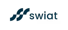 Abstract logo with three dark teal curved shapes followed by the word 'swiat' in lowercase letters.