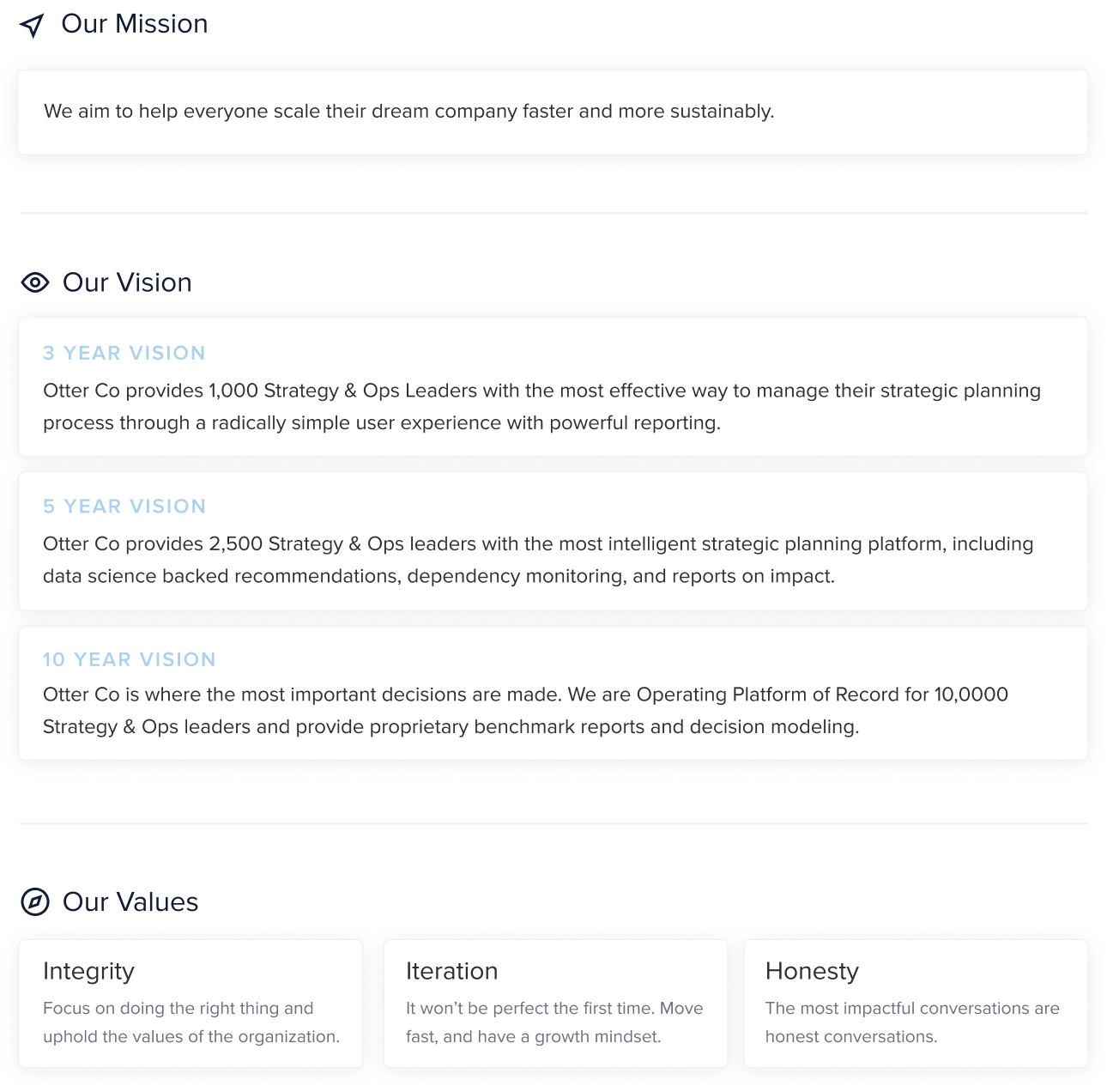 Mission, vision, and values in a strategic plan documented after a company offsite.