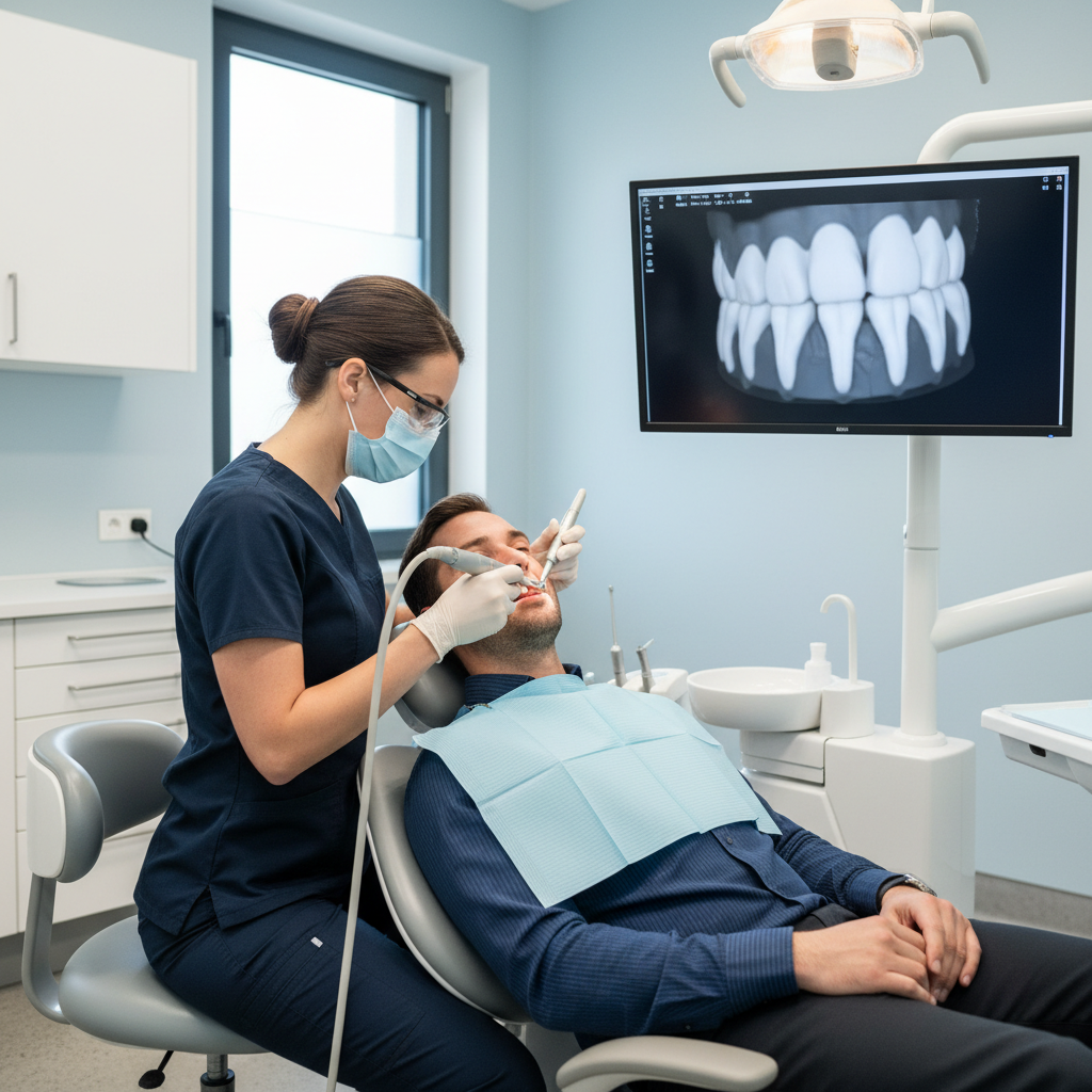 Dentist performing crown preparation with an intraoral scanner in a modern dental clinic