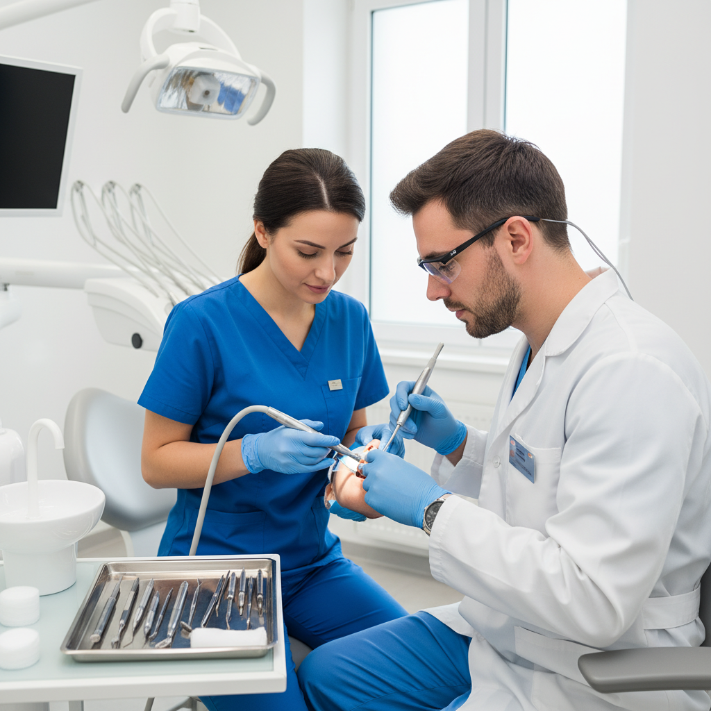 Dentist and assistant working on a posterior crown preparation in a modern dental operatory