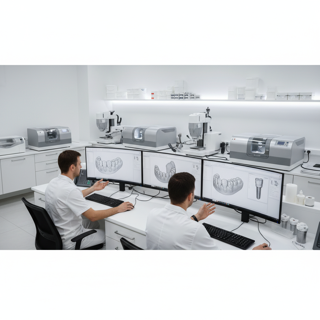 Technicians in a digital dental laboratory working with 3D models of teeth and implants on large monitors