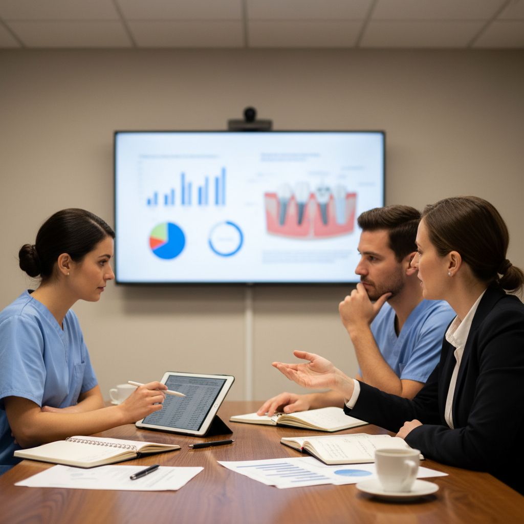Dental team meeting around a table reviewing workflows and costs on a wall screen