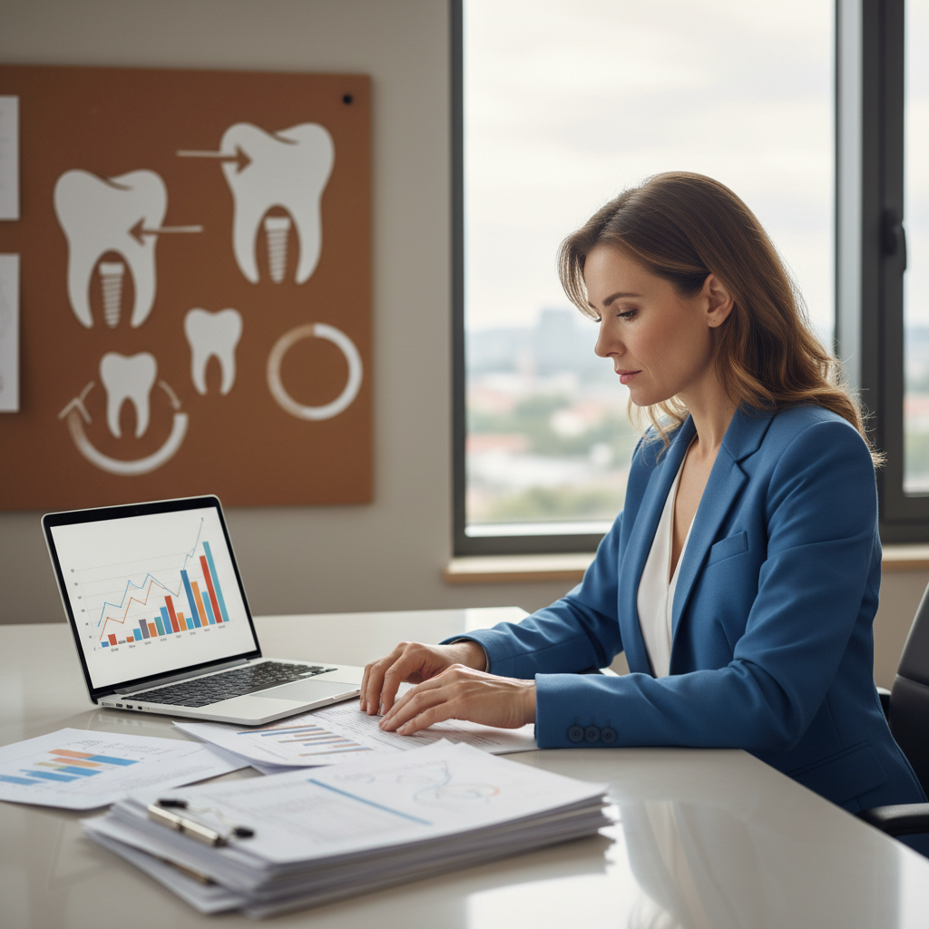 Dentist or practice owner reviewing dental implant treatment costs and charts in an office setting