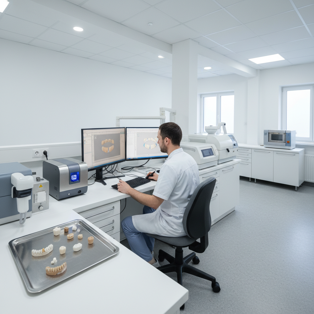 Dental technician working with CAD/CAM software and crowns in a modern dental lab