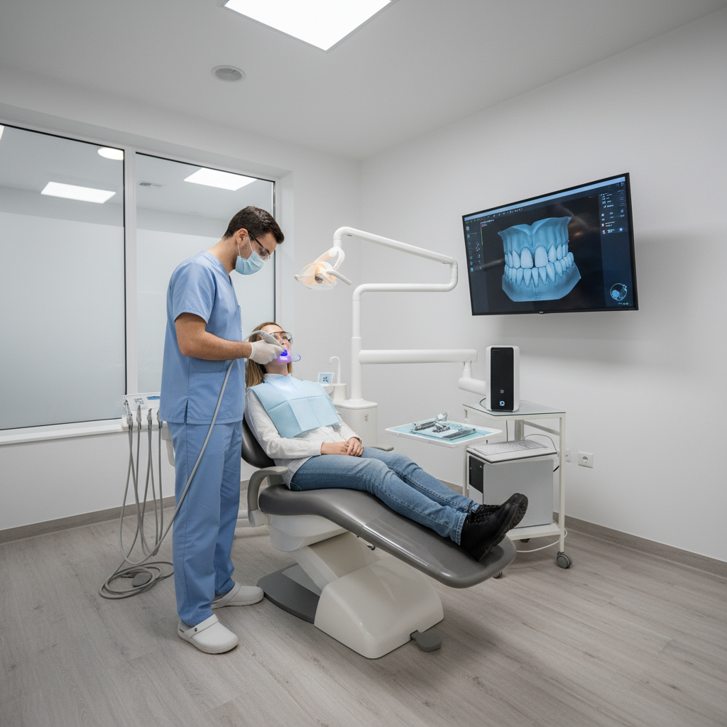 Dentist using an intraoral scanner with a patient in a modern digital dental operatory