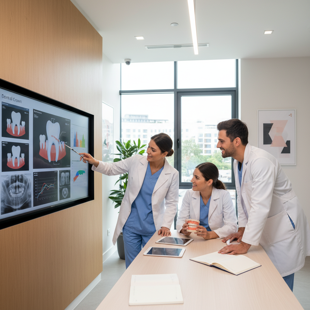 Dental professionals in a modern clinic discussing crown treatment plans around a screen