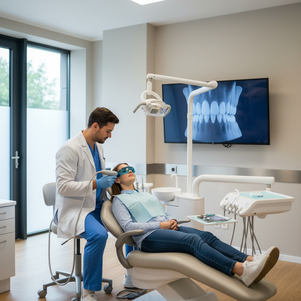 Dentist using an intraoral scanner in a modern digital dentistry clinic for crowns and implants