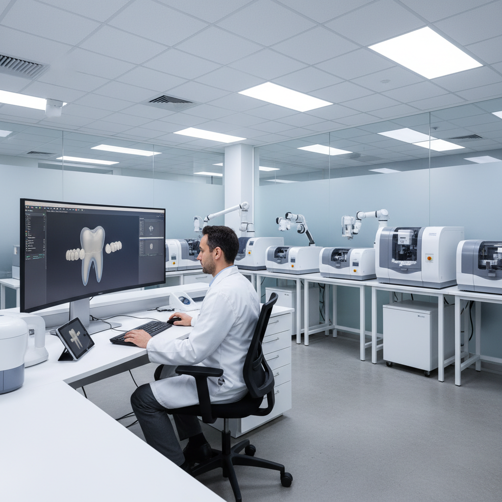 Dental lab technician using CAD CAM software to design a digital crown restoration