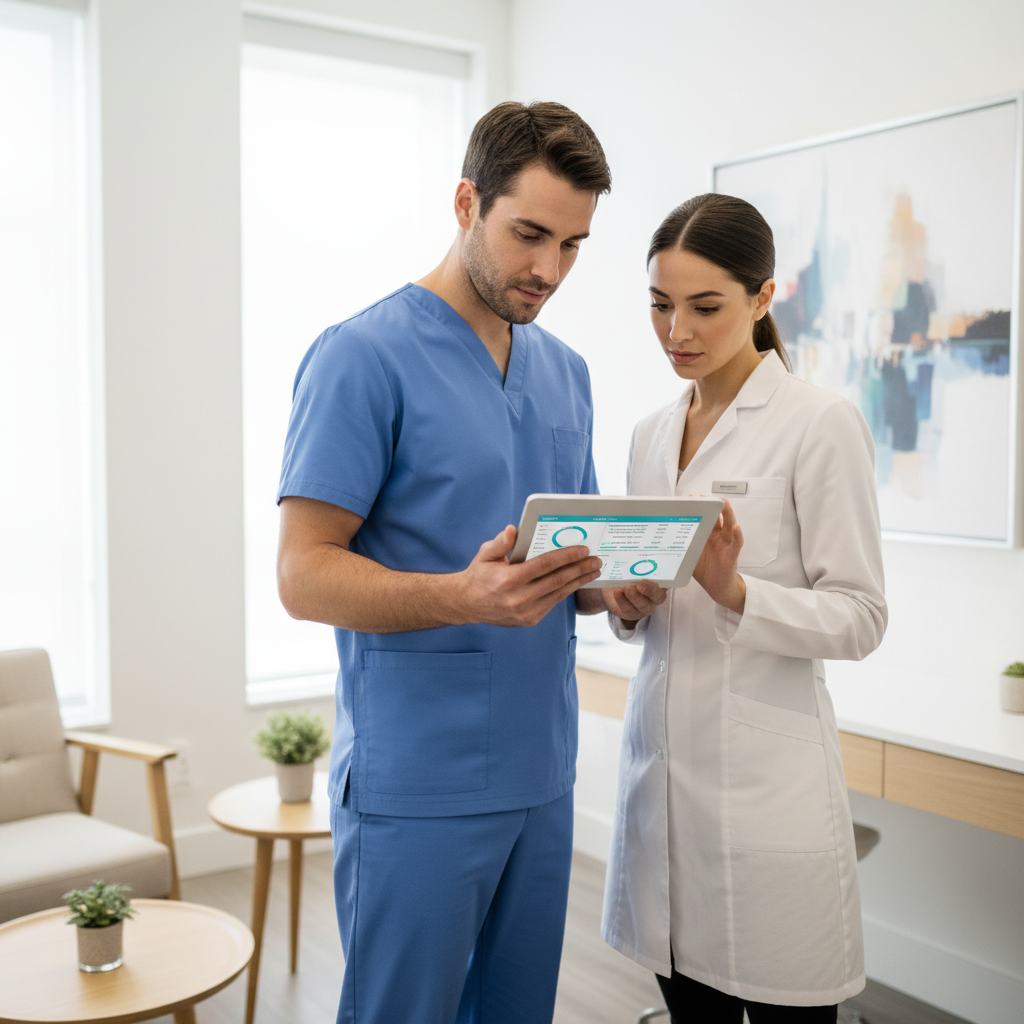Dental team reviewing digital performance metrics for crowns and implant workflows on a laptop