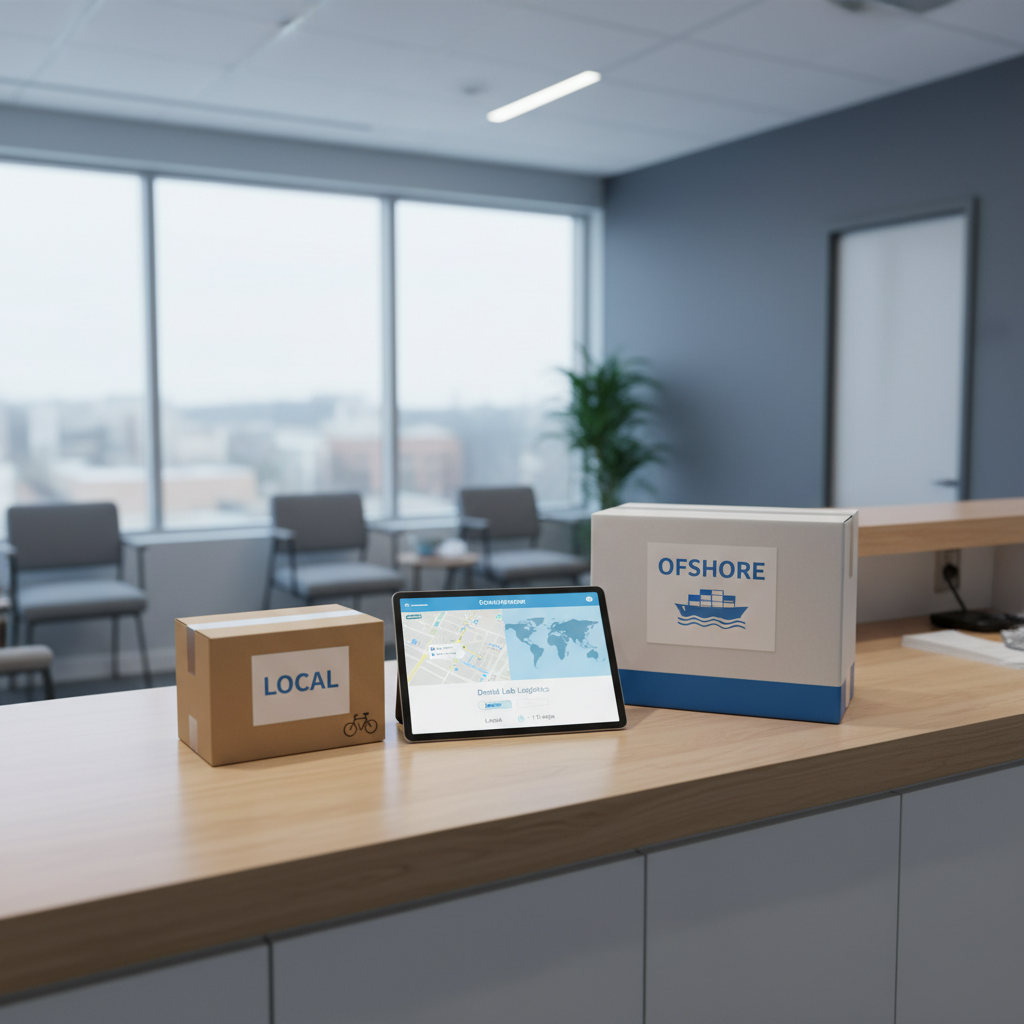 Dental practice reception with unbranded packages representing local versus offshore dental labs