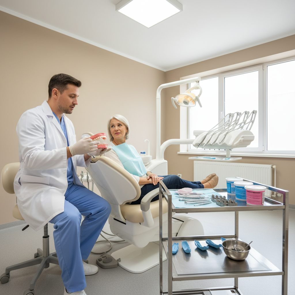 Dentist discussing a full denture and wash impression protocol with an older patient in a modern surgery
