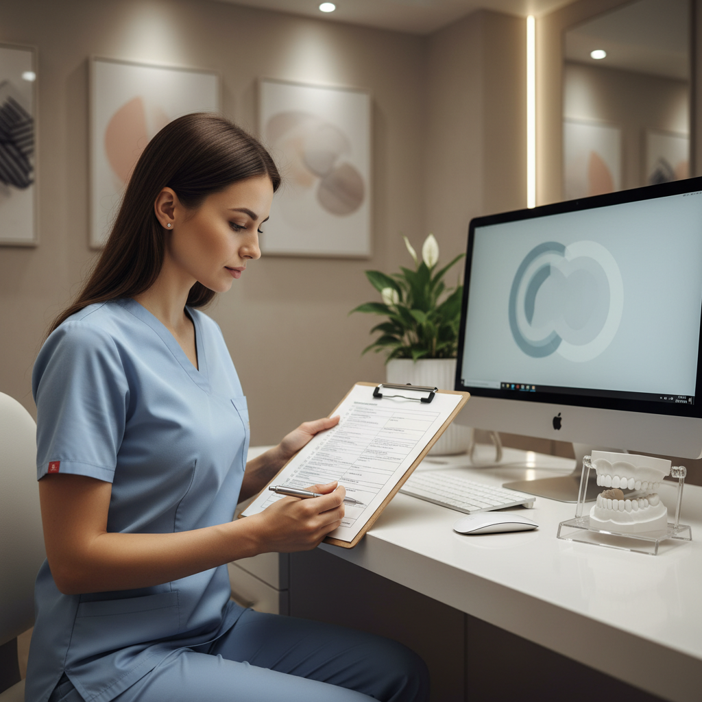 Dental team member reviewing a wash impression denture protocol checklist at a desk