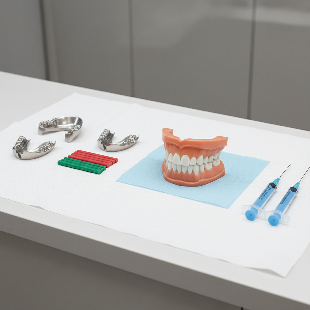 Dental work surface with complete dentures and wash impression materials laid out for a protocol
