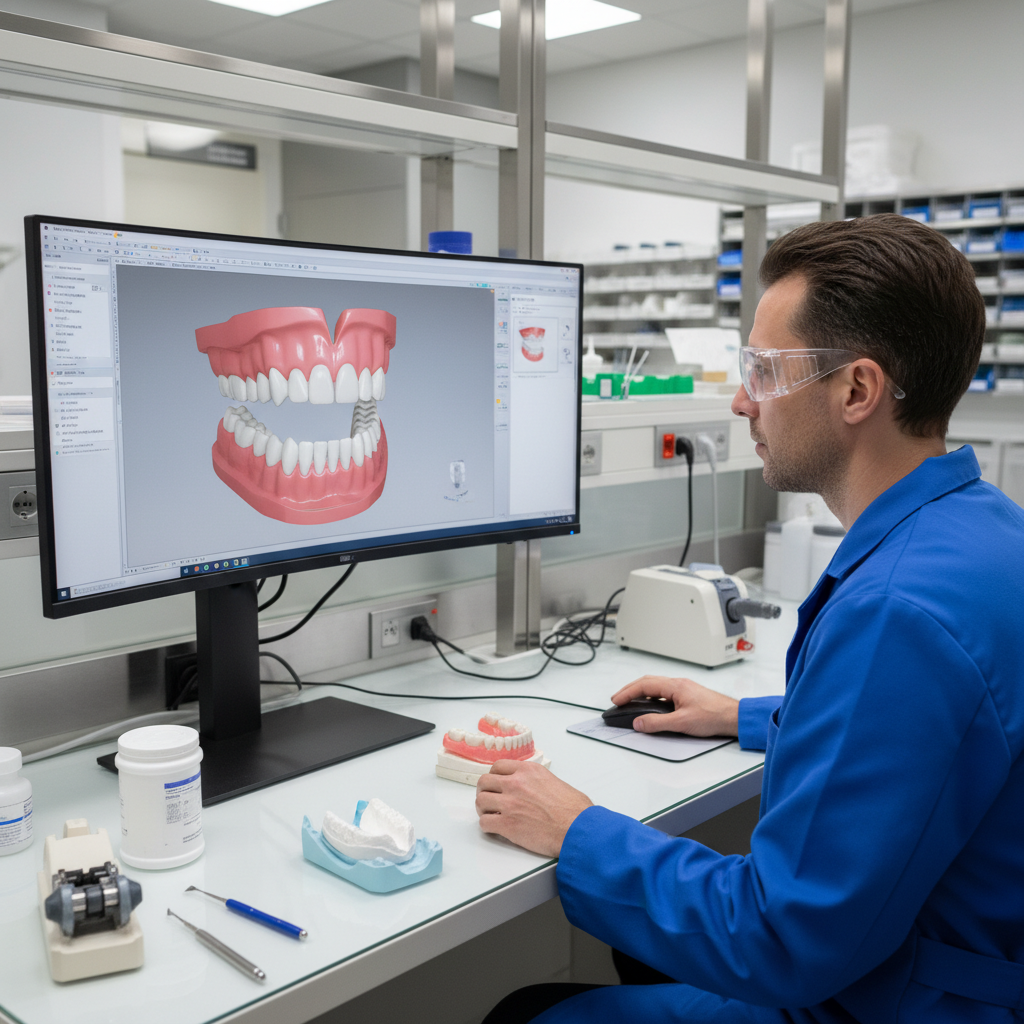 Dental professional viewing a digital denture model on a computer as part of a wash impression workflow