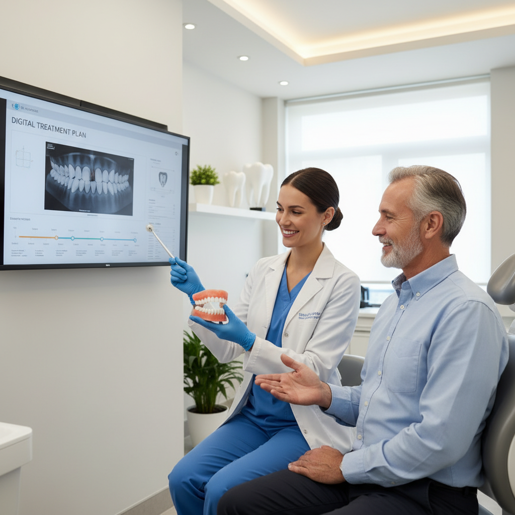 Dentist discussing digital denture treatment options with an older patient in a modern clinic