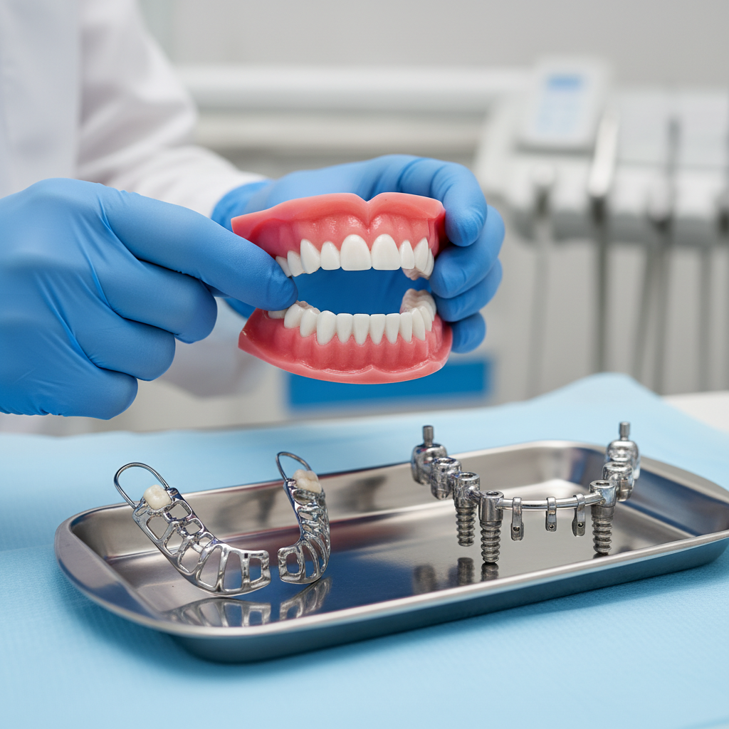 Tray with different types of dentures including a complete denture, partial denture and implant overdenture