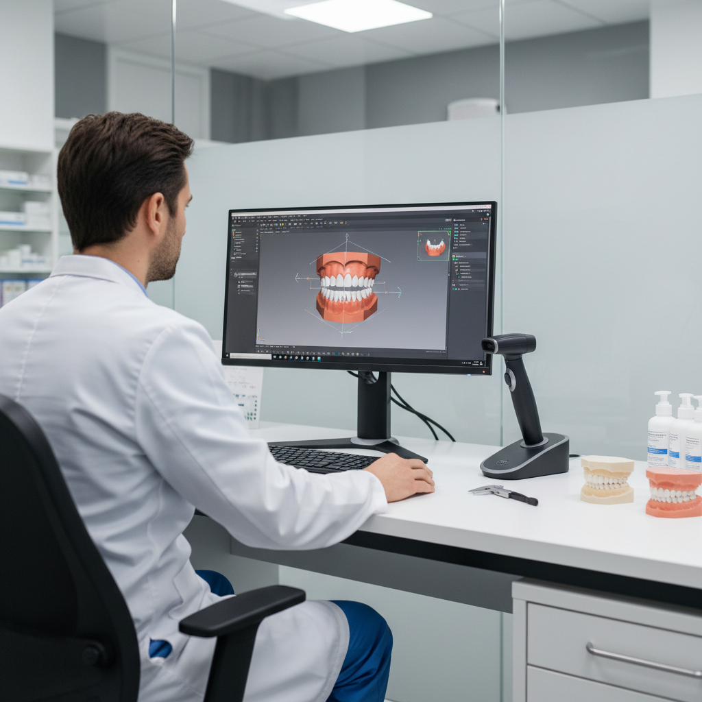 Dental professional reviewing a digital denture design on a computer screen with an intraoral scanner nearby
