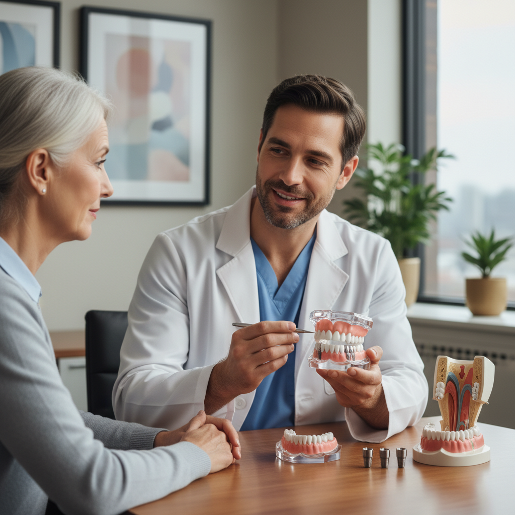 Dentist showing an older patient a model of an implant-supported overdenture during a consultation