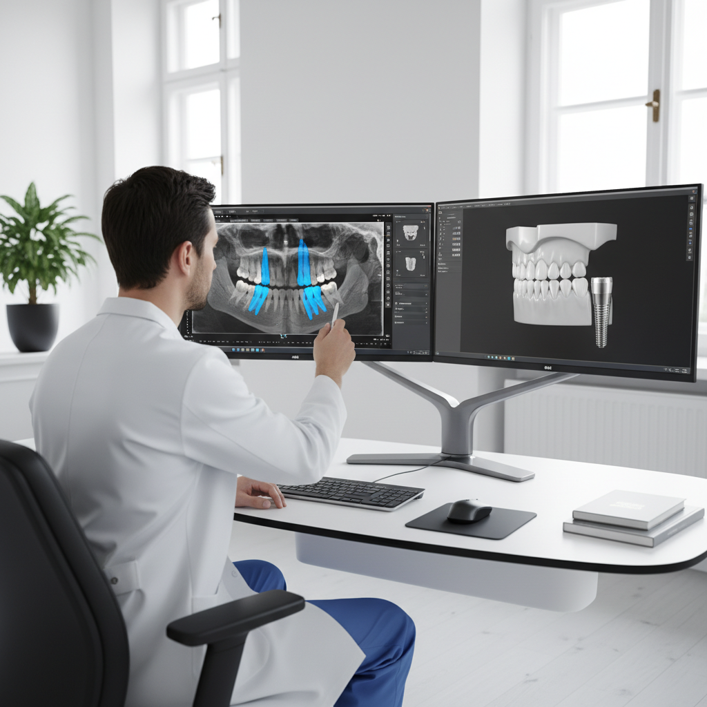 Clinician reviewing CBCT scan and digital wax-up for a dental bone graft and implant case