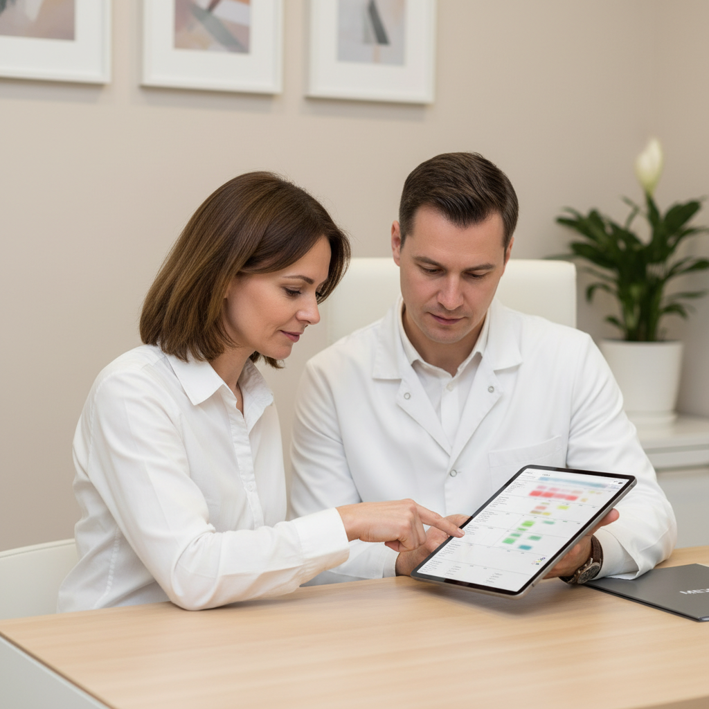 Dentist and patient reviewing long-term dental bridge options on a tablet