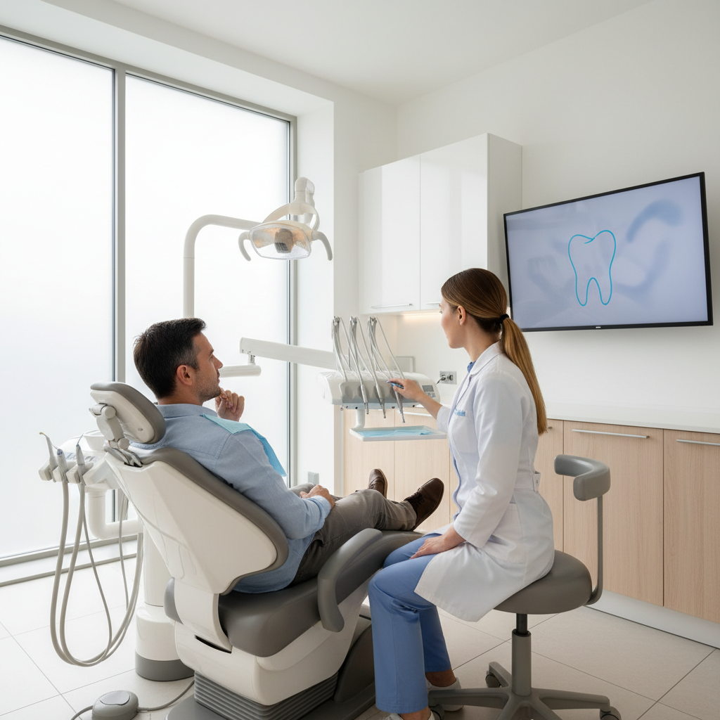 Dentist and patient discussing a dental bridge treatment plan in a modern clinic