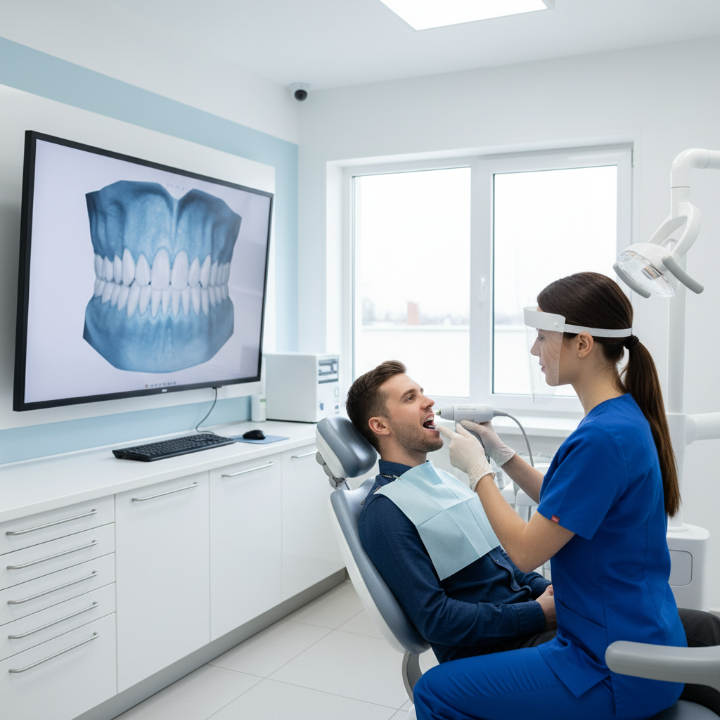 Dentist using an intraoral scanner with a 3D dental model visible on a monitor